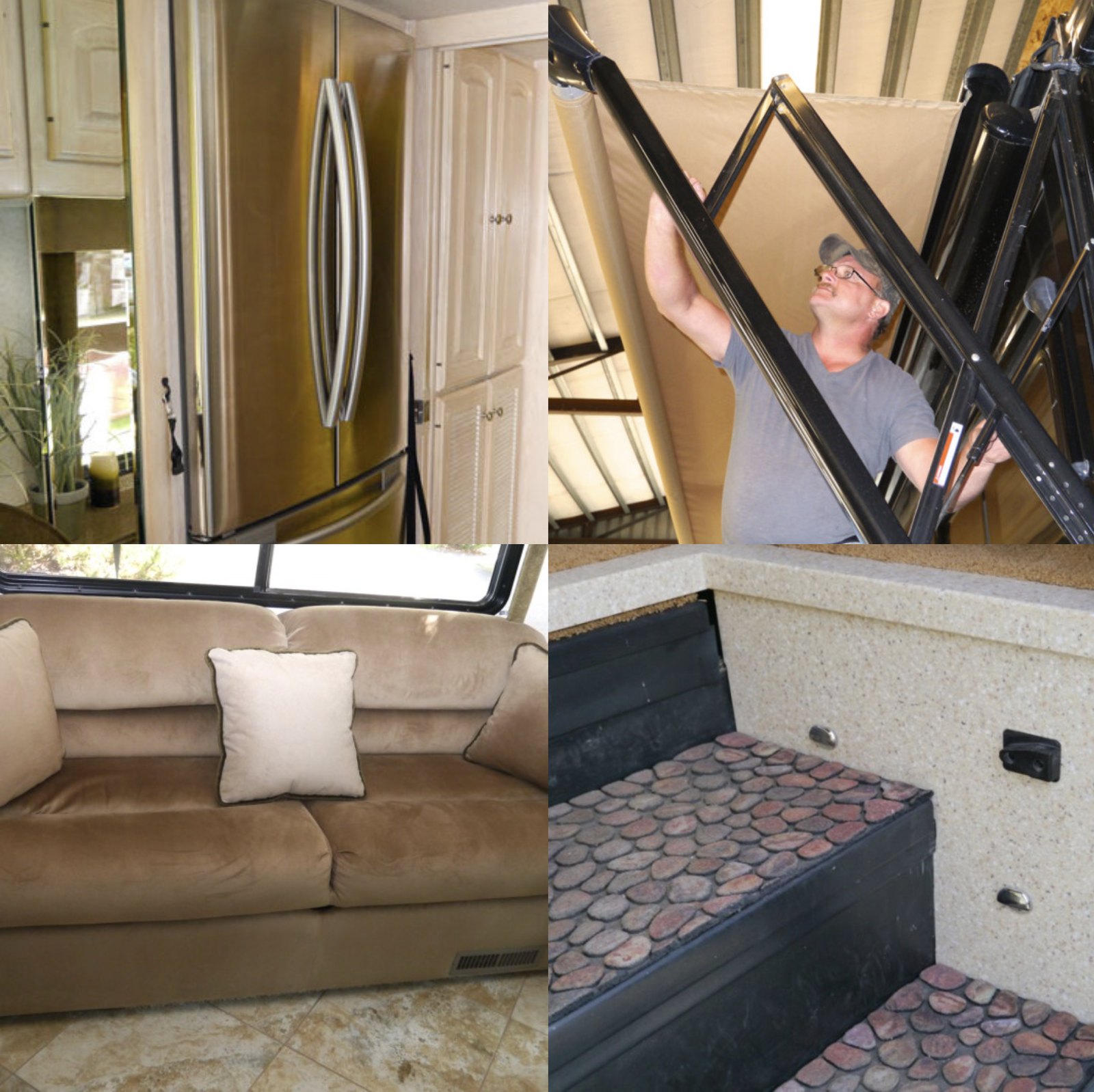 Collage of Elite RV work: refrigerator installation, awning install, living area, and entry step